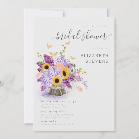 ひま素朴花エレガント蝶ブライダルシャワー 招待状 (正面)