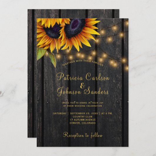 ひま素朴花金ゴールドはバームウッドに光結婚を当てる 招待状 (正面/裏面)