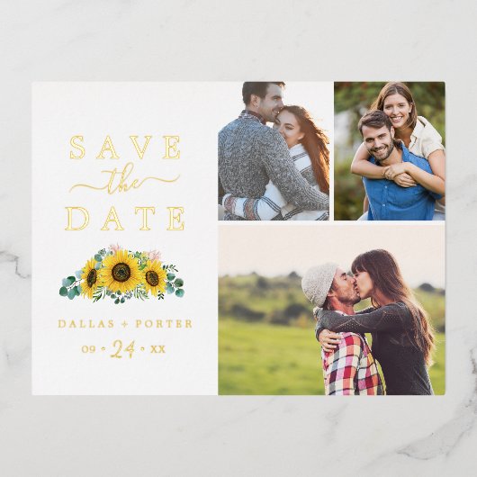 ひま素朴花 |ゴールド・フォイル3写真セーブ・ザ・日付 箔招待状ポストカード (正面)