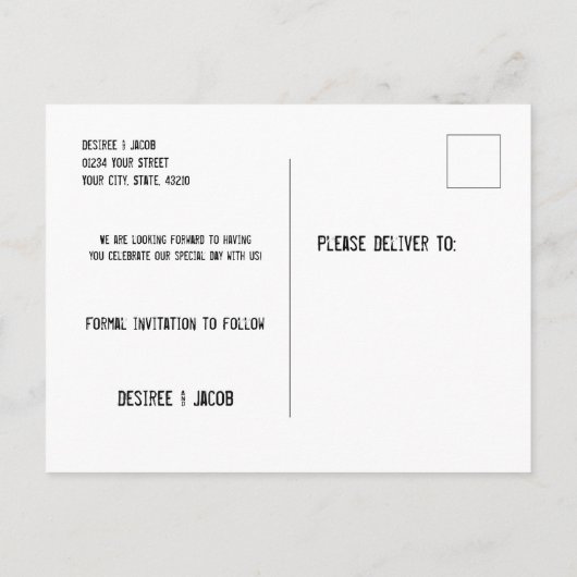 ひま素朴草の写真結婚式が日付を救う 案内ポストカード (裏面)