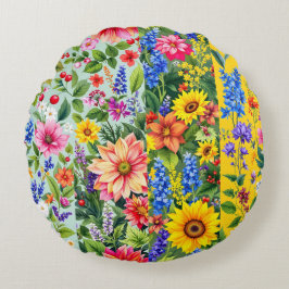 ひま鮮やか花とダリアの花の模様 ラウンドクッション