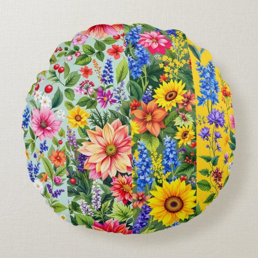 ひま鮮やか花とダリアの花の模様 ラウンドクッション (正面)