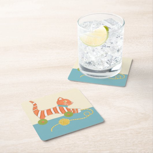 ひもの球を持つストライプのなおもちゃ猫 スクエアペーパーコースター (インサイチュ)