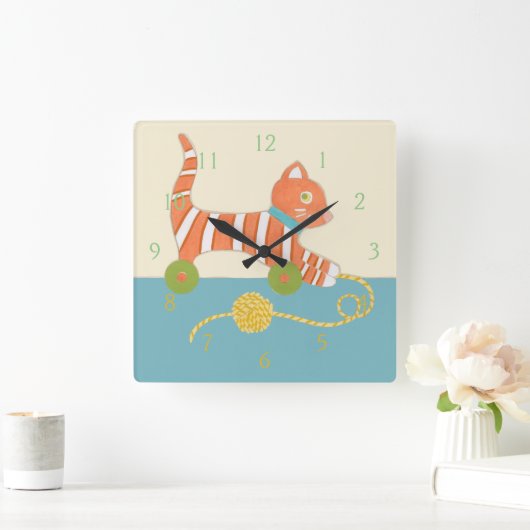 ひもの球を持つストライプのなおもちゃ猫 スクエア壁時計 (ホーム)