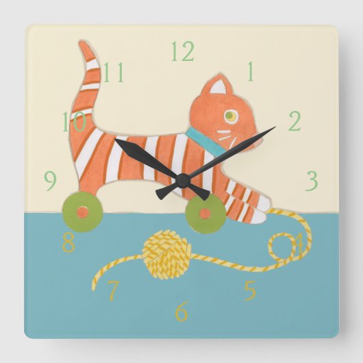 ひもの球を持つストライプのなおもちゃ猫 スクエア壁時計 (正面)