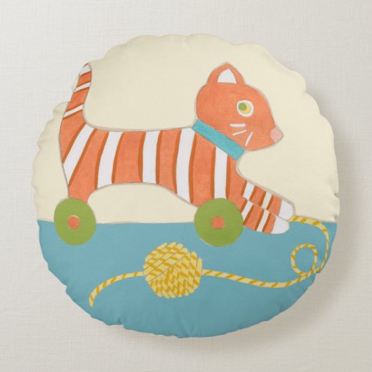 ひもの球を持つストライプのなおもちゃ猫 ラウンドクッション (正面)