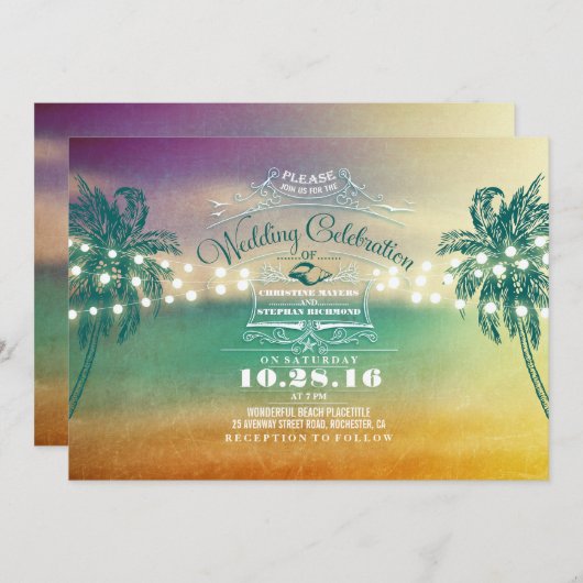 ひもはかわいいビーチ結婚式の招待状をつけます 招待状 (正面/裏面)