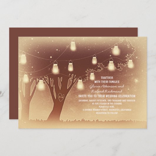 ひもはメーソンジャーの木の素朴な結婚式をつけます 招待状 (正面/裏面)