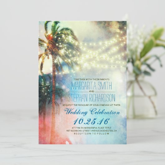 ひもはヤシの木のビーチ結婚式の招待をつけます 招待状 (スタンド正面)