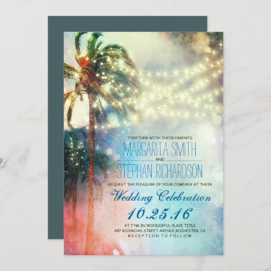 ひもはヤシの木のビーチ結婚式の招待をつけます 招待状 (正面/裏面)
