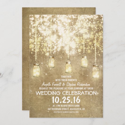 ひもは招待を結婚するきらめくメーソンジャーをつけます 招待状 (正面/裏面)