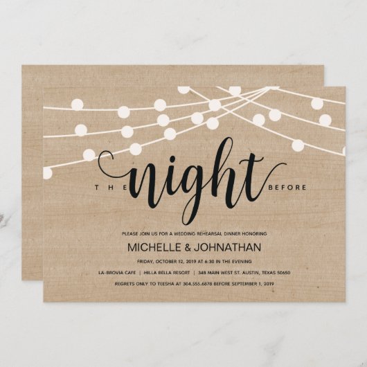 ひもは結婚式のリハーサルの夕食の招待をつけます 招待状 (正面/裏面)