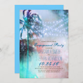 ひもライトヤシの木のビーチの婚約パーティ 招待状 (正面/裏面)