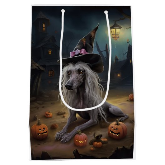 ひも中国のつきカボチャのハロウィーン怖 ミディアムペーパーバッグ (裏面)