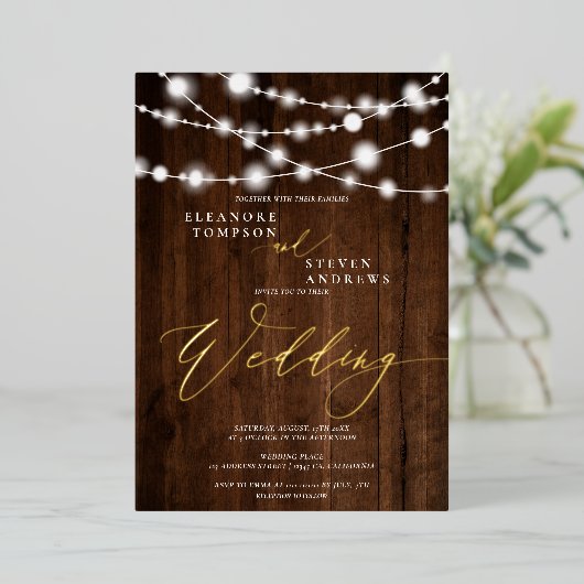 ひも素朴のライト茶色の木の結婚写真 箔招待状 (立ち正面)