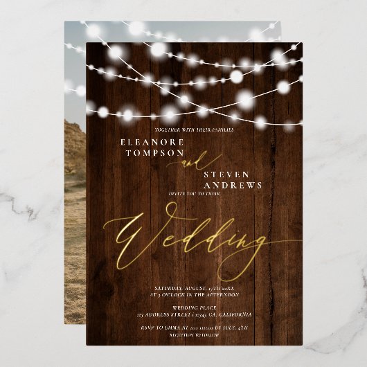 ひも素朴のライト茶色の木の結婚写真 箔招待状 (正面/裏面)
