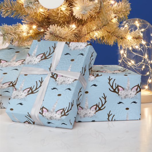 ひよこ赤ちゃん青ユニコーンのトナカイのパターン ラッピングペーパー (クリスマス)