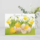 ひよこ、卵及びラッパスイセンのイースターかわいいパーティー 招待状 (スタンド正面)
