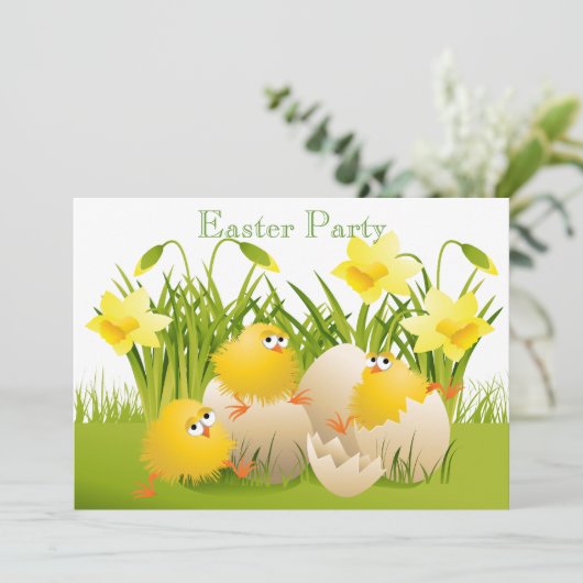 ひよこ、卵及びラッパスイセンのイースターかわいいパーティー 招待状 (スタンド正面)