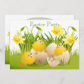 ひよこ、卵及びラッパスイセンのイースターかわいいパーティー 招待状 (正面/裏面)