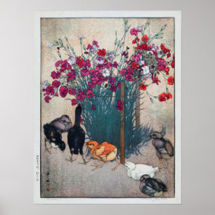 ひよこ, Dianthus & Chicks , Hiroshi Yoshida, Woodcut ポスター
