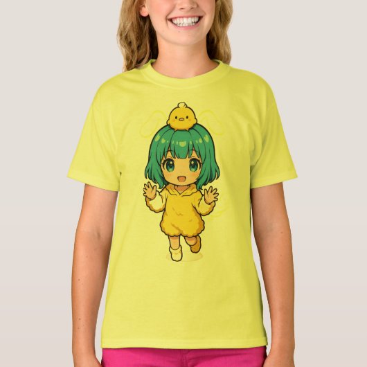 ひよこTシャツを着た青い髪のちびっ子少女 Tシャツ (正面)