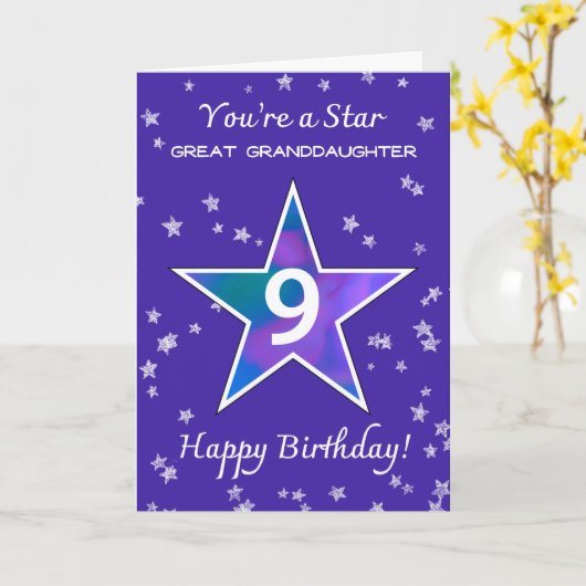 ひ孫の9歳の誕生日 輝く星 カード (黄色い花)