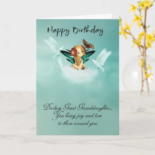ひ孫娘の鳩が付いている妖精のバースデー・カード カード (黄色い花)