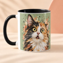 びっくり三毛猫の水彩画アート