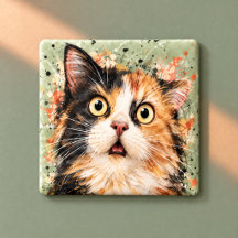 びっくり三毛猫の水彩画アート