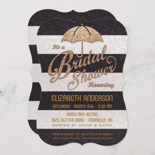 ぴかぴか光るB&Wのはっきりしたでストライプなブライダルシャワーの招待 招待状 (正面/裏面)