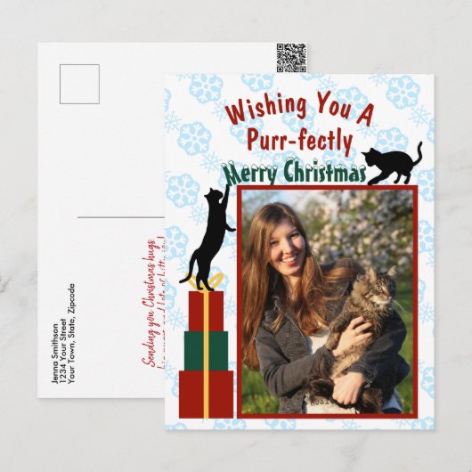 ぴったりメリークリスマス 遊び心のある子猫の写真 シーズンポストカード (正面/裏面)