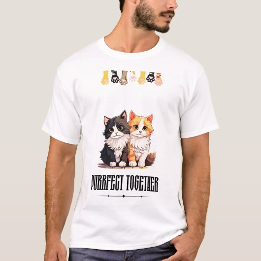 ぴったり一緒 - かわいい猫カップルTシャツ Tシャツ (正面)