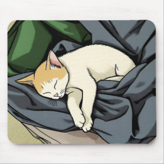 ふかふかのブランケットの上で眠る子猫 マウスパッド