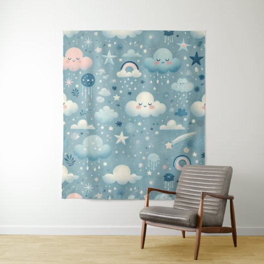 ふくよかな空の模様と雲、星 - 青 タペストリー (インサイチュ)