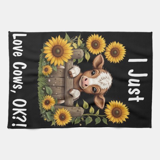 ふくらはぎのひまわりで囲まれたフェンス越しに覗き込む キッチンタオル (横)