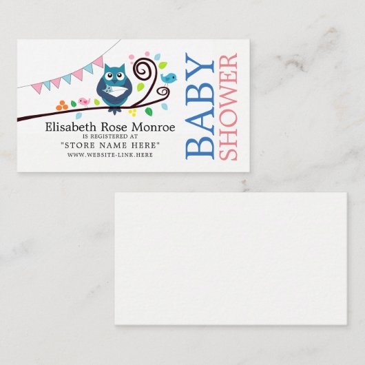 ふくろうお洒落赤ちゃんシャワーギフトレジストリ エンクロージャーカード (正面/裏面)
