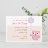 ふくろう1歳の招待状（女の子）と風船 招待状 (スタンド正面)