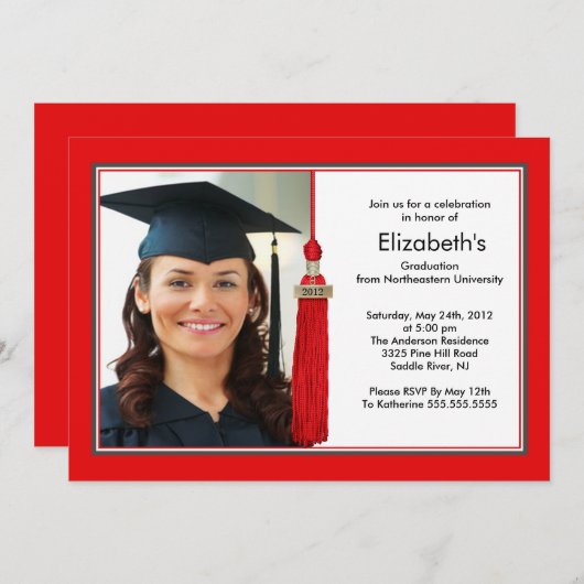ふさの写真の卒業の招待状の赤及び白 招待状 (正面/裏面)