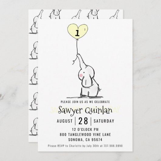 ふしぎなゾウの1歳の誕生日お知らせ 招待状 (正面/裏面)