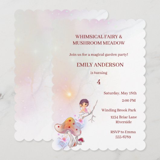 ふしぎな妖精の魔法の4歳誕生日招待状 招待状 (正面/裏面)