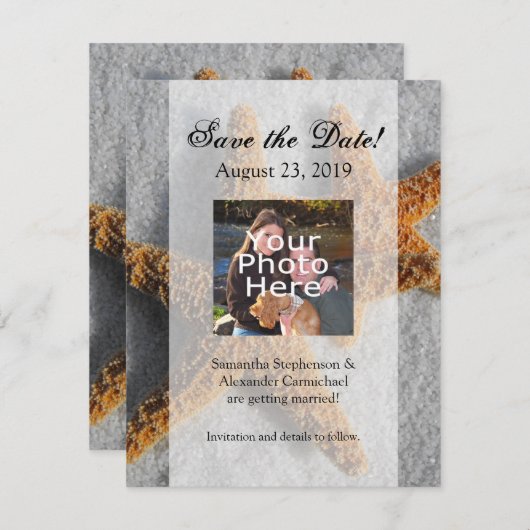 ふたつのヒトデが砂の上に、ビーチウェディング セーブザデート (正面/裏面)