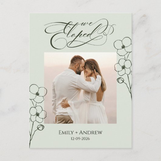ふたりきりで婚姻届を提出しました セージのカリグラフィー 写真の結婚報告 ポストカード (正面)