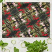 ふっ赤と白たバラパターン キッチンタオル (折り畳み)