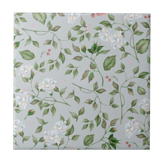 ふわふわした青い花とバラお尻陶材 タイル (正面)