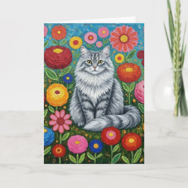 ふわふわとした灰色の縞模様の猫とフォークアートの花 カード