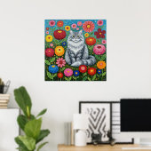 ふわふわとした灰色の縞模様の猫とフォークアートの花 ポスター (ホームオフィス)