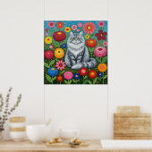 ふわふわとした灰色の縞模様の猫とフォークアートの花 ポスター (キッチン)