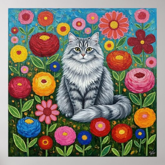 ふわふわとした灰色の縞模様の猫とフォークアートの花 ポスター (正面)