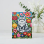 ふわふわとした灰色の縞模様の猫とフォークアートの花 ポストカード (スタンド正面)